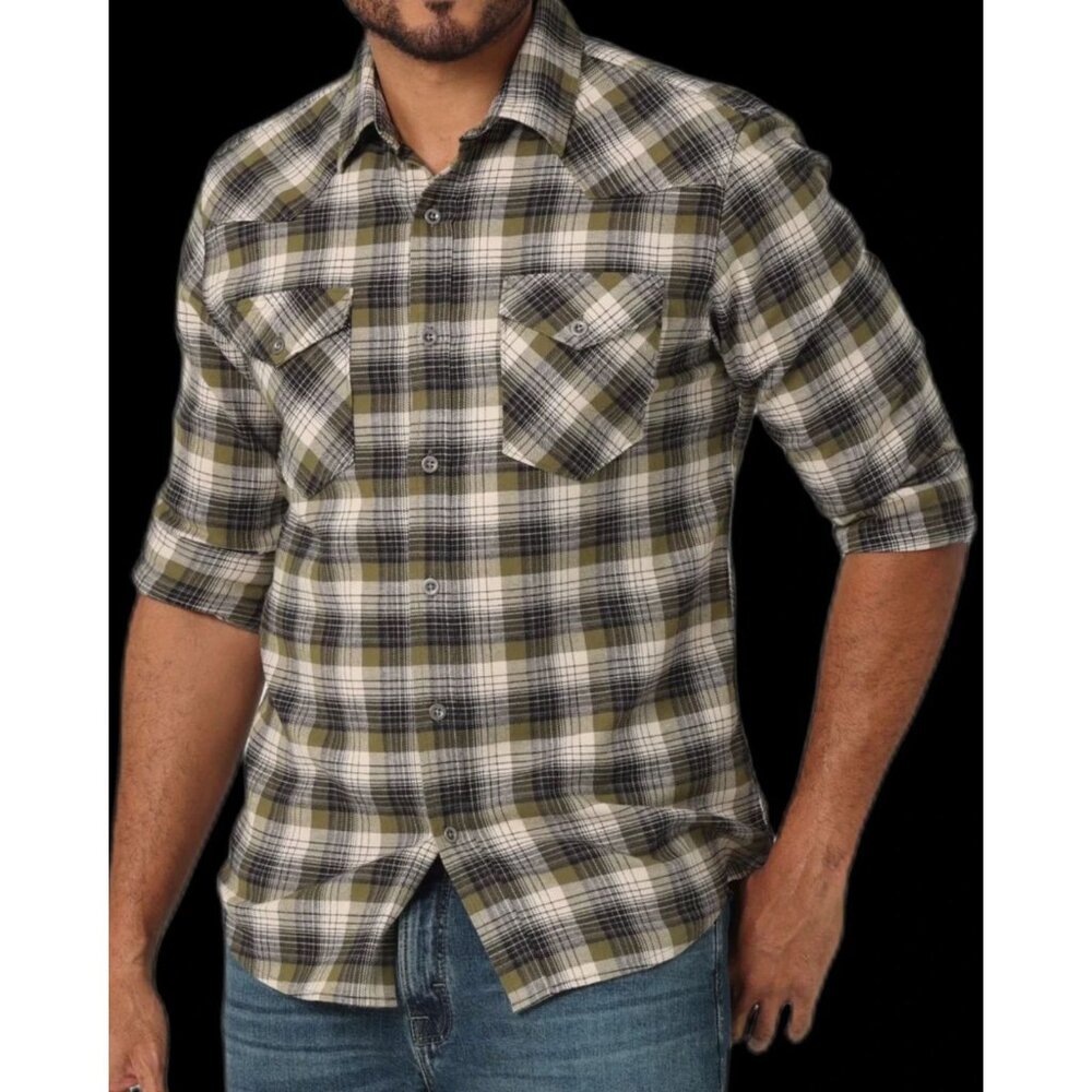 NWT Wrangler Mens Small Slim Fit Plaid Long Sleeve Shirt Sage Green Black